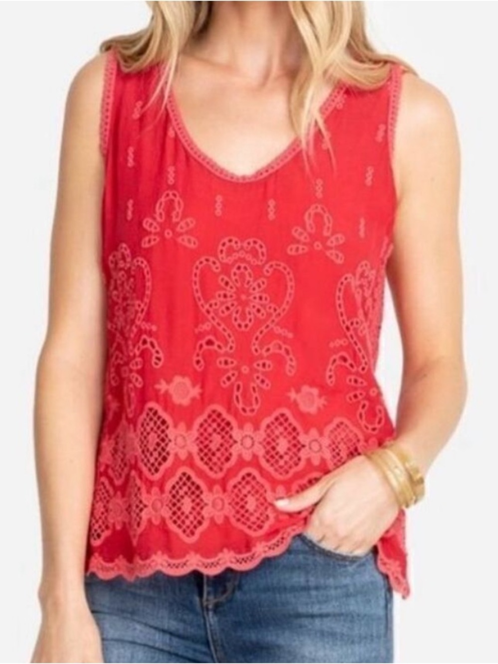 Johnny Was Luanna Red Eyelet Scoop Neck Tank Blouse